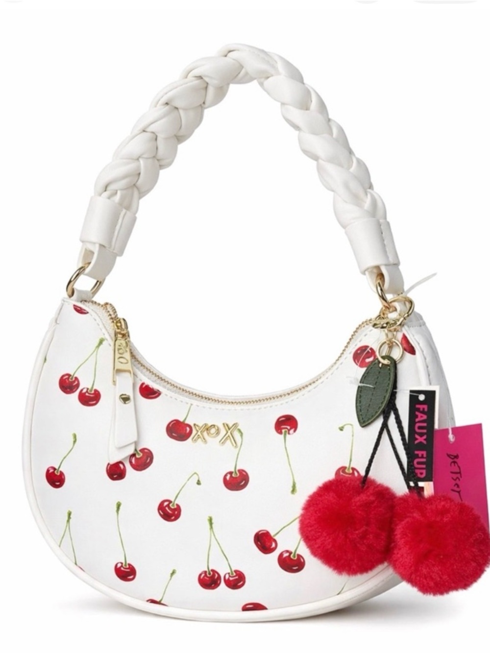 Betsey Johnson Cherry Print Shoulder Bag White Braided Strap Faux Fur Charm NWT